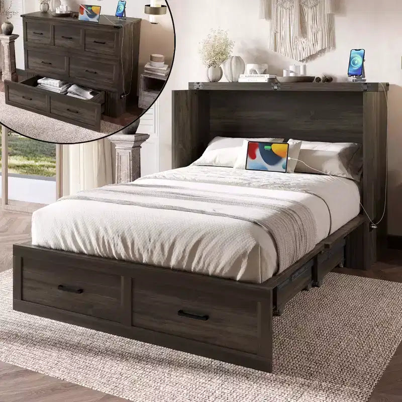 FAMYYT Letto a piattaforma pieghevole full size con stazione di ricarica, cassetto portaoggetti, facile montaggio