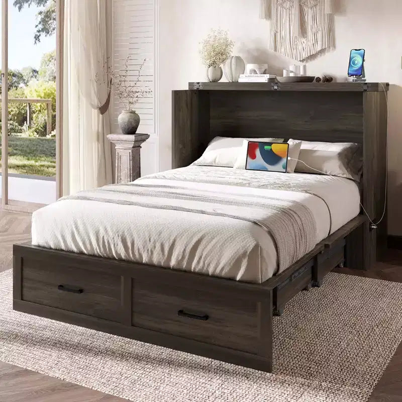 FAMYYT Letto a piattaforma pieghevole full size con stazione di ricarica, cassetto portaoggetti, facile montaggio