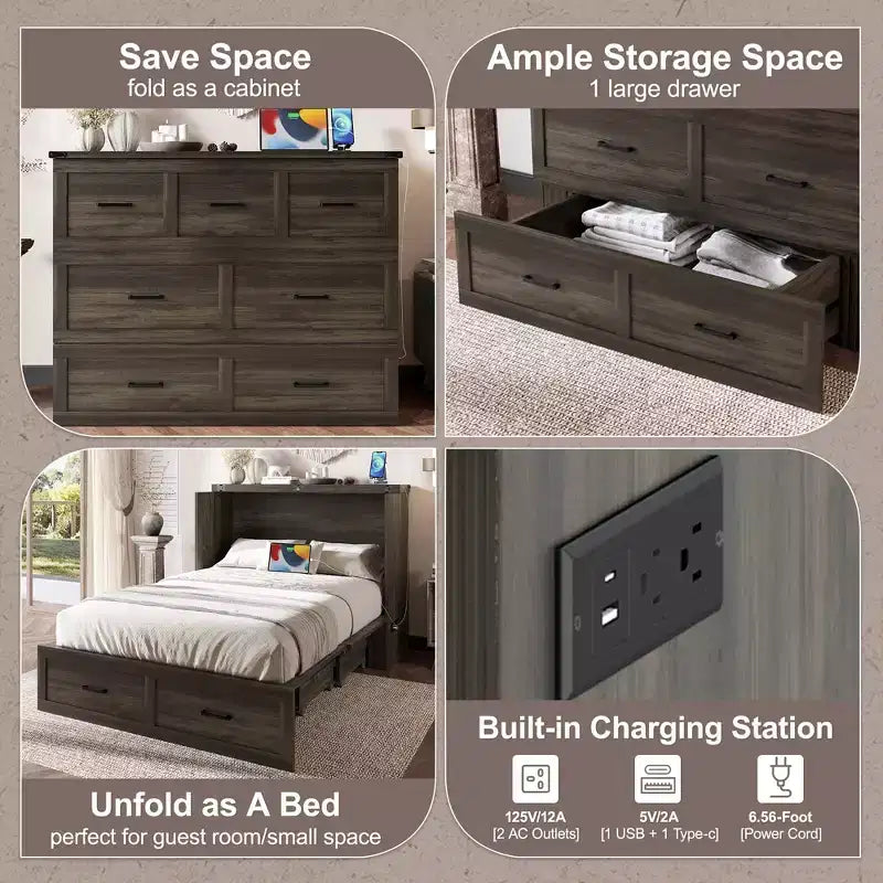 FAMYYT Letto a piattaforma pieghevole full size con stazione di ricarica, cassetto portaoggetti, facile montaggio