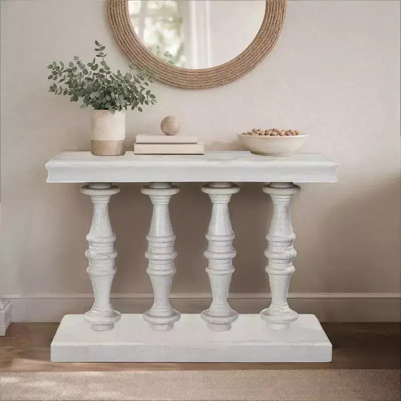 Consolle da divano, piano da 42 pollici, legno di mango bianco lavato sabbiato, gambe a pilastro tornite