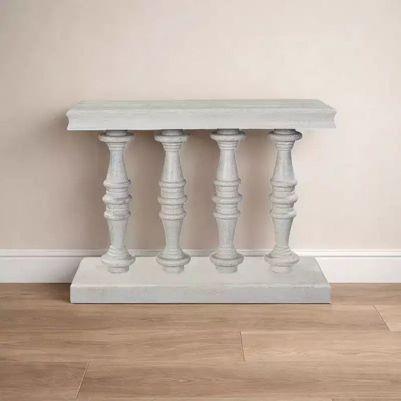 Consolle da divano, piano da 42 pollici, legno di mango bianco lavato sabbiato, gambe a pilastro tornite