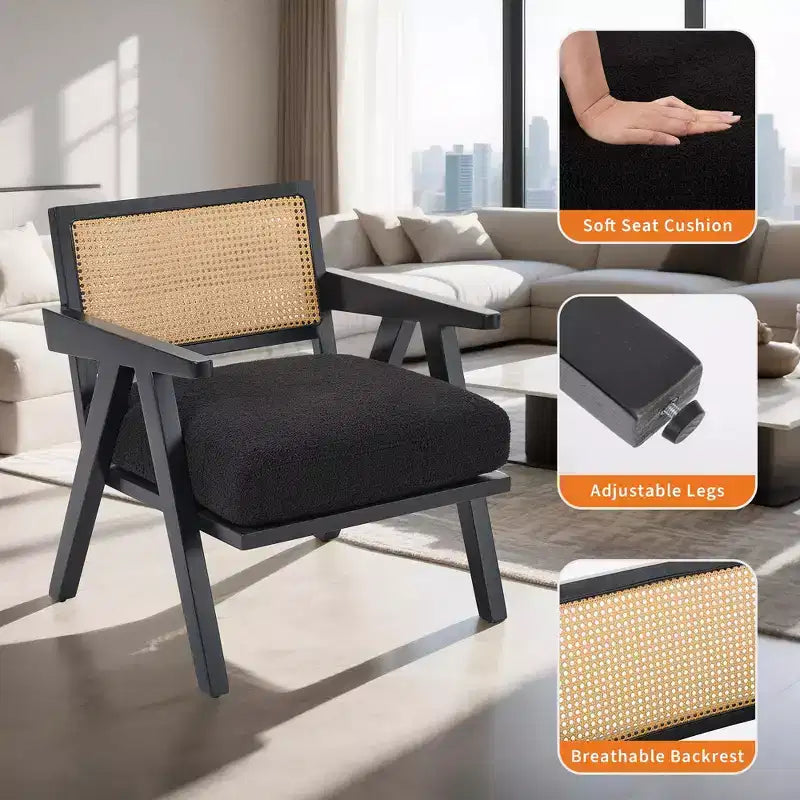 Set di 2 sedie lounge moderne GustoWave con gambe in legno, schienale in rattan e seduta imbottita