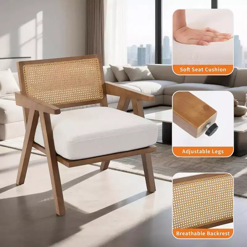 Set di 2 sedie lounge moderne GustoWave con gambe in legno, schienale in rattan e seduta imbottita