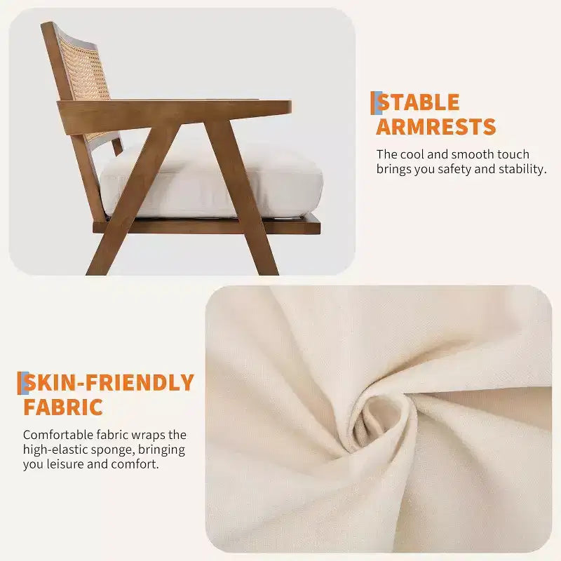 Set di 2 sedie lounge moderne GustoWave con gambe in legno, schienale in rattan e seduta imbottita