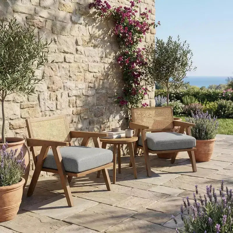 Set di 2 sedie lounge moderne GustoWave con gambe in legno, schienale in rattan e seduta imbottita