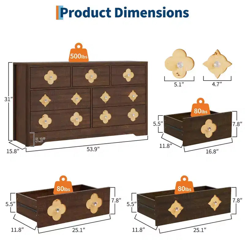 Comò da camera con 7 cassetti, cassettiera larga 137 cm con grande armadio contenitore per vestiti, comò in legno per camera da letto, mobile TV per corridoio