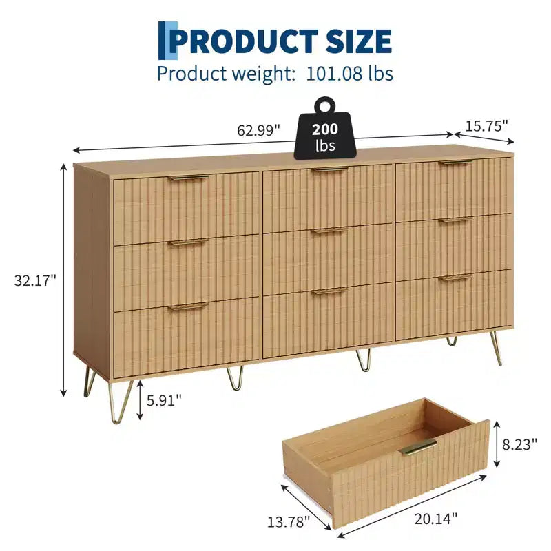 Comò scanalato per camera da letto con 9 cassetti, comò moderno con maniglia in metallo, porta TV in legno, organizer per soggiorno
