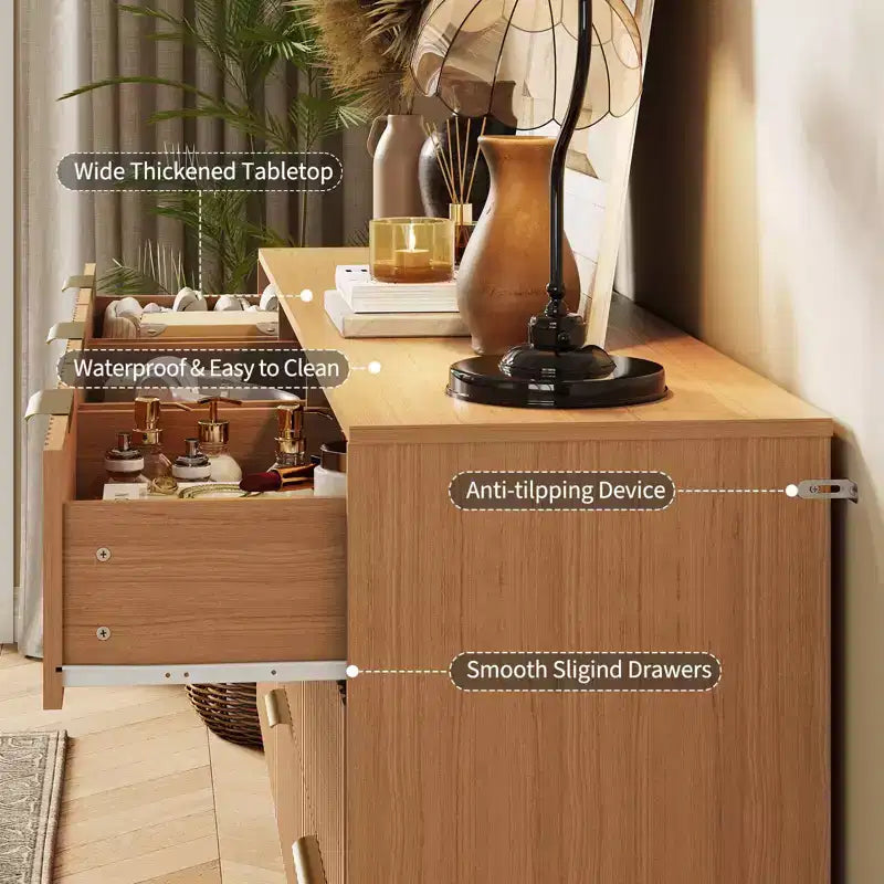 Comò scanalato per camera da letto con 9 cassetti, comò moderno con maniglia in metallo, porta TV in legno, organizer per soggiorno