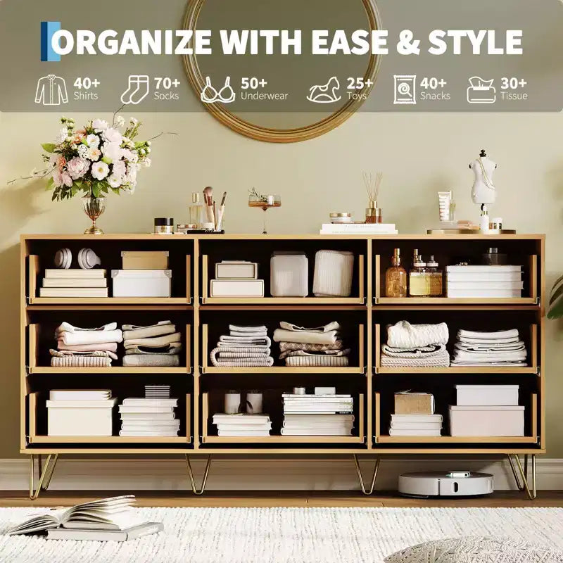 Comò scanalato per camera da letto con 9 cassetti, comò moderno con maniglia in metallo, porta TV in legno, organizer per soggiorno