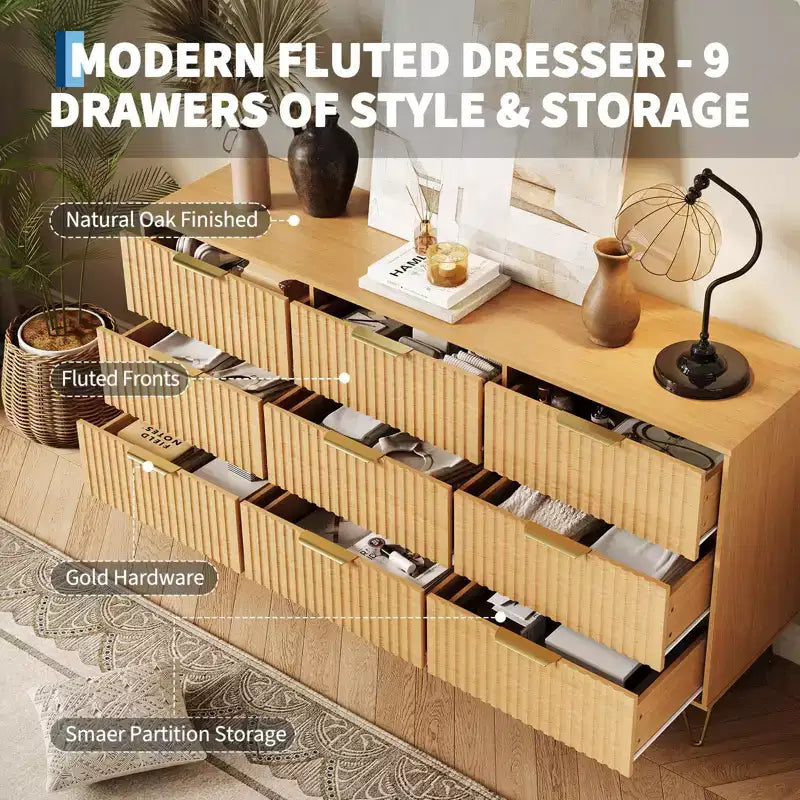 Comò scanalato per camera da letto con 9 cassetti, comò moderno con maniglia in metallo, porta TV in legno, organizer per soggiorno