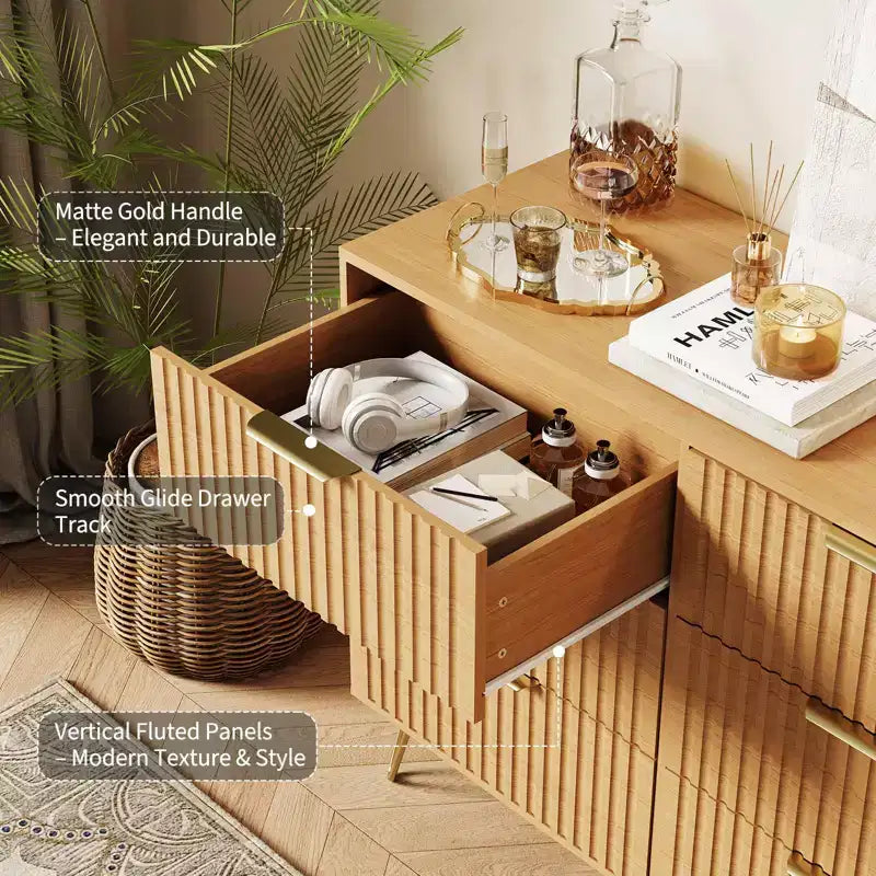 Comò scanalato per camera da letto con 9 cassetti, comò moderno con maniglia in metallo, porta TV in legno, organizer per soggiorno
