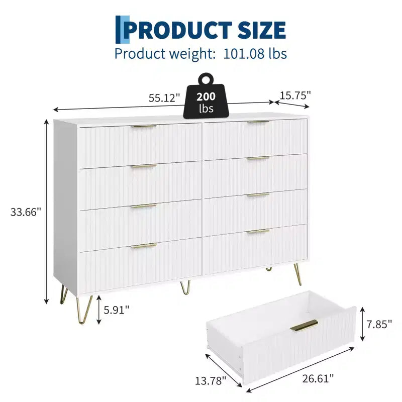 Cassettiera scanalata per camera da letto con 8 cassetti, comò moderno con maniglia in metallo, cassettiera in legno, organizer per soggiorno