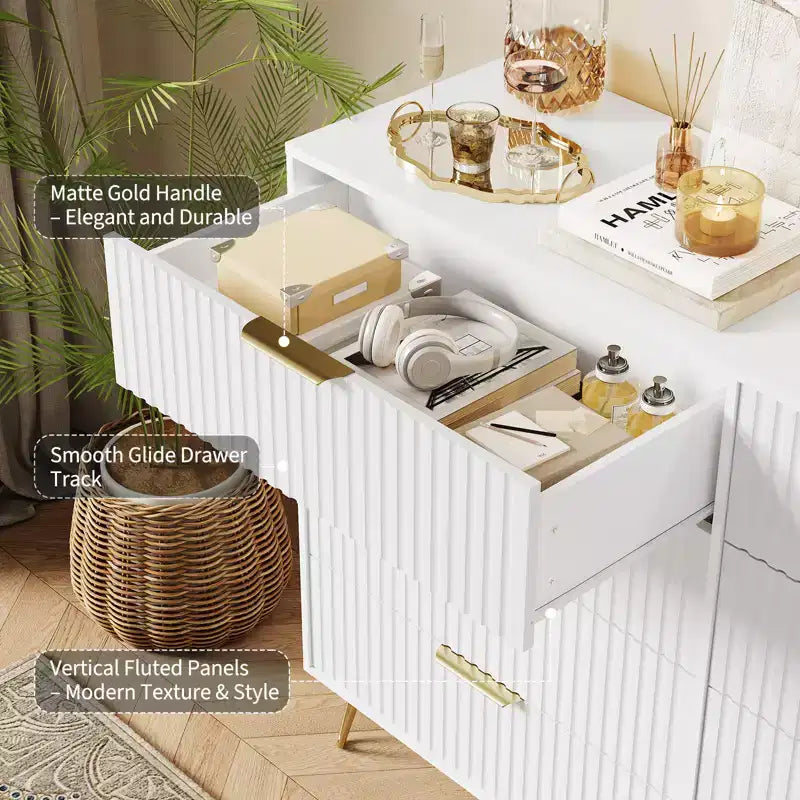 Cassettiera scanalata per camera da letto con 8 cassetti, comò moderno con maniglia in metallo, cassettiera in legno, organizer per soggiorno