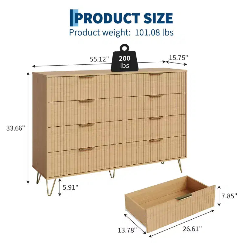 Cassettiera scanalata per camera da letto con 8 cassetti, comò moderno con maniglia in metallo, cassettiera in legno, organizer per soggiorno
