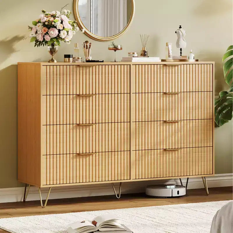 Cassettiera scanalata per camera da letto con 8 cassetti, comò moderno con maniglia in metallo, cassettiera in legno, organizer per soggiorno