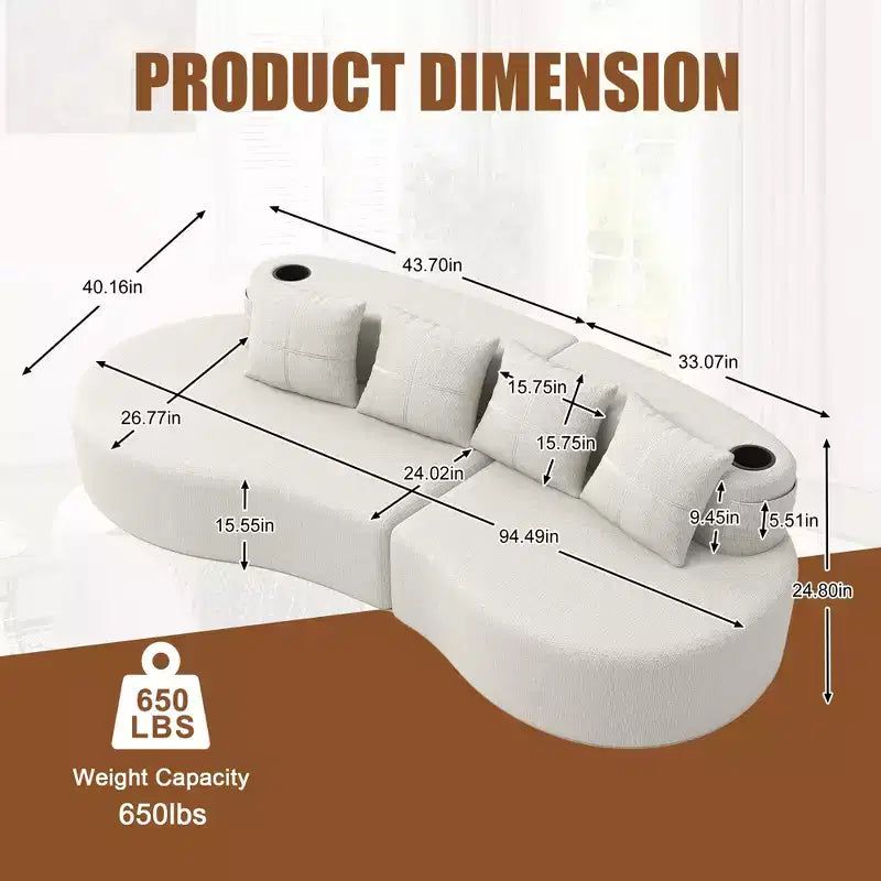 Divano modulare curvo componibile, divano a 3 posti con portabicchieri, tasca laterale e 4 cuscini per soggiorno, ufficio, appartamento - ModernLuxe