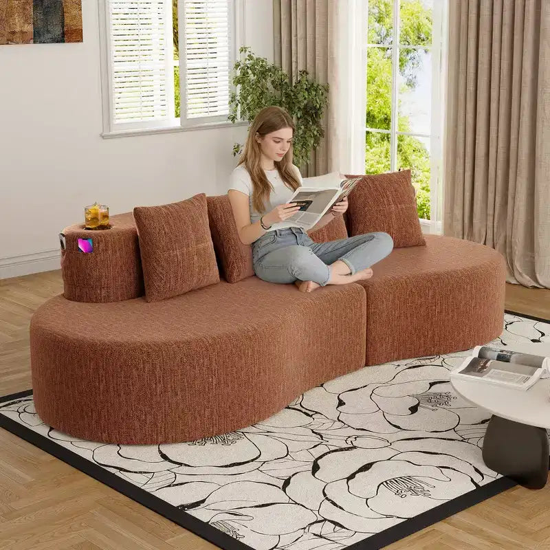 Divano modulare curvo componibile, divano a 3 posti con portabicchieri, tasca laterale e 4 cuscini per soggiorno, ufficio, appartamento - ModernLuxe