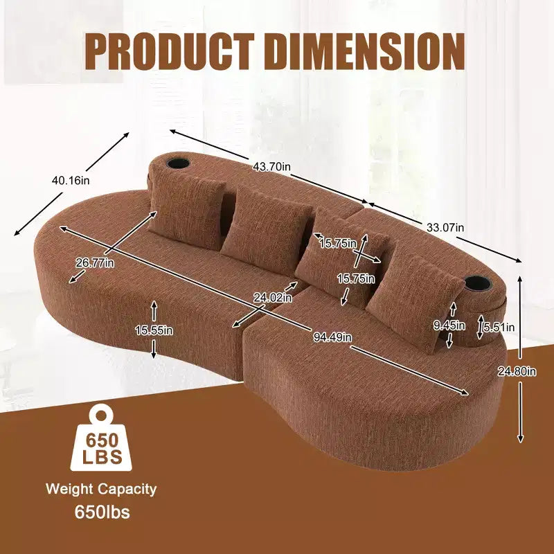 Divano modulare curvo componibile, divano a 3 posti con portabicchieri, tasca laterale e 4 cuscini per soggiorno, ufficio, appartamento - ModernLuxe