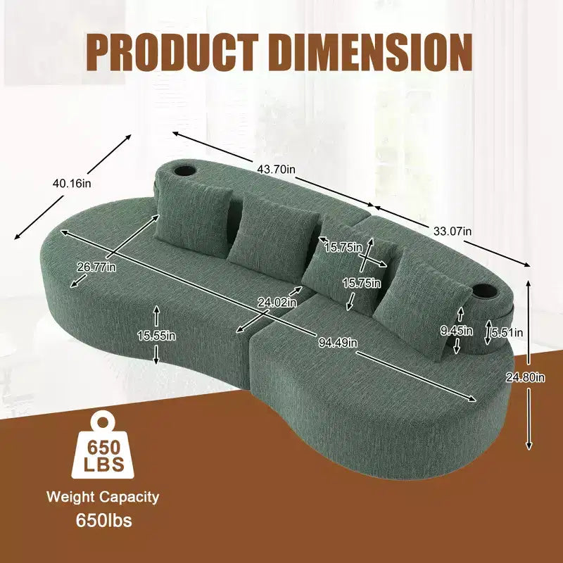 Divano modulare curvo componibile, divano a 3 posti con portabicchieri, tasca laterale e 4 cuscini per soggiorno, ufficio, appartamento - ModernLuxe