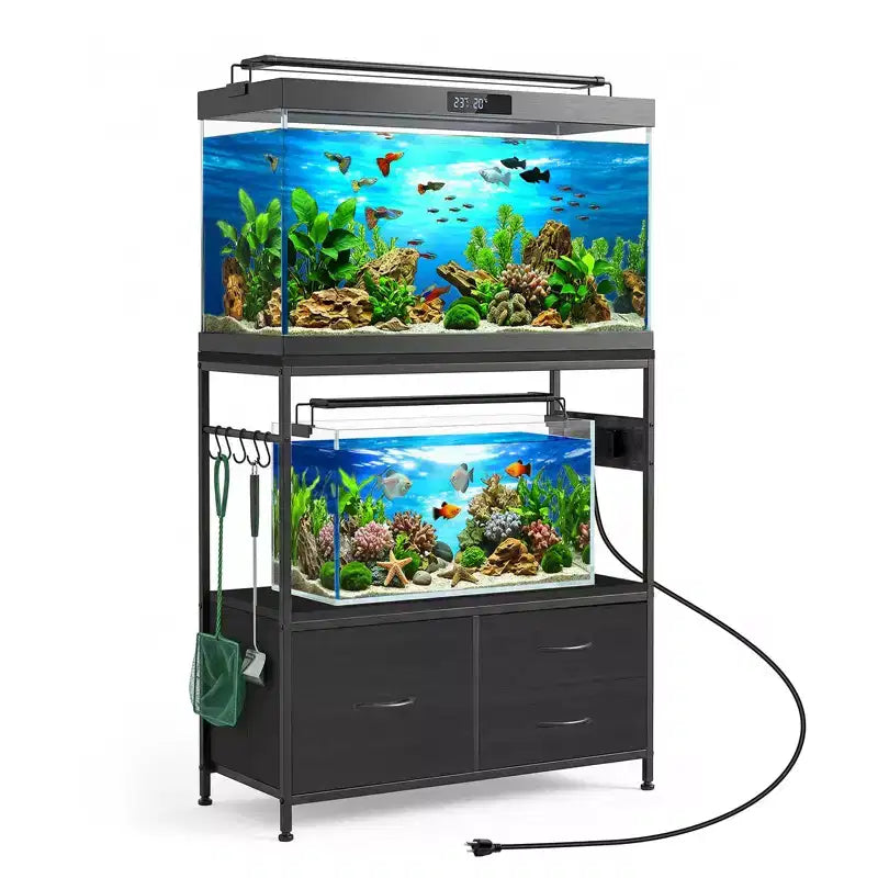 Mobile per acquario da 75-110 litri, supporto per acquario con struttura in metallo e cassetti, mobile doppio per tartarughiera (acquario non incluso)