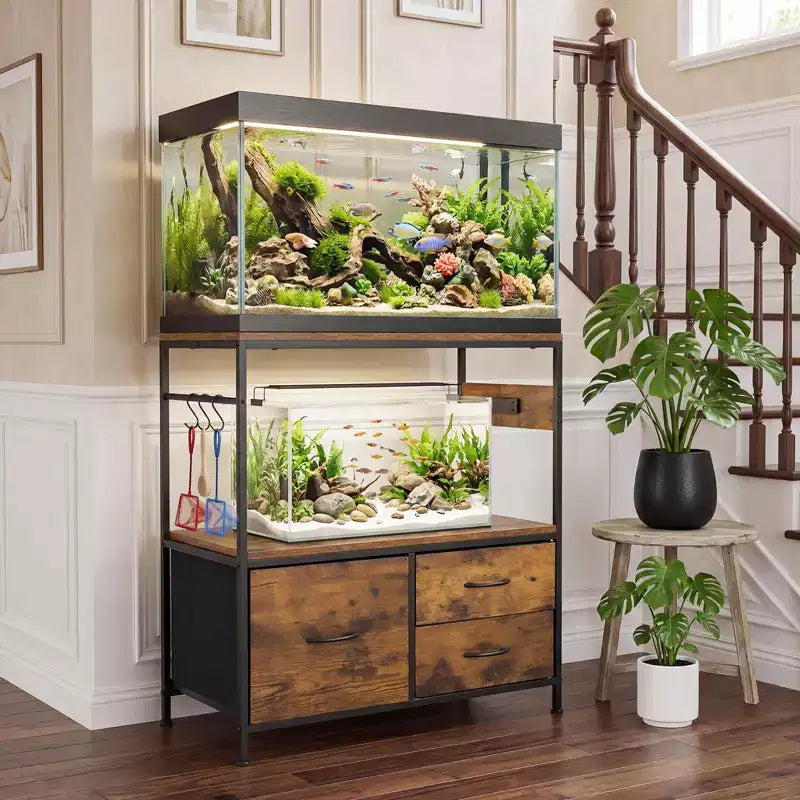 Mobile per acquario da 75-110 litri, supporto per acquario con struttura in metallo e cassetti, mobile doppio per tartarughiera (acquario non incluso)