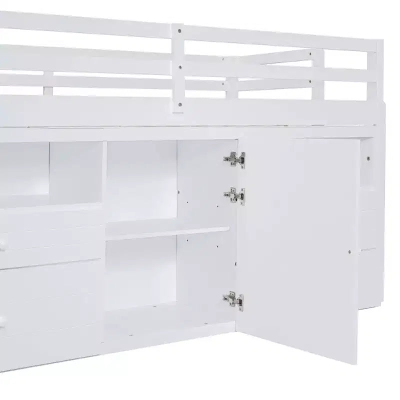 Luxystar, Letto a soppalco basso moderno singolo con 4 cassetti, armadietto e mensole per camera da letto,
