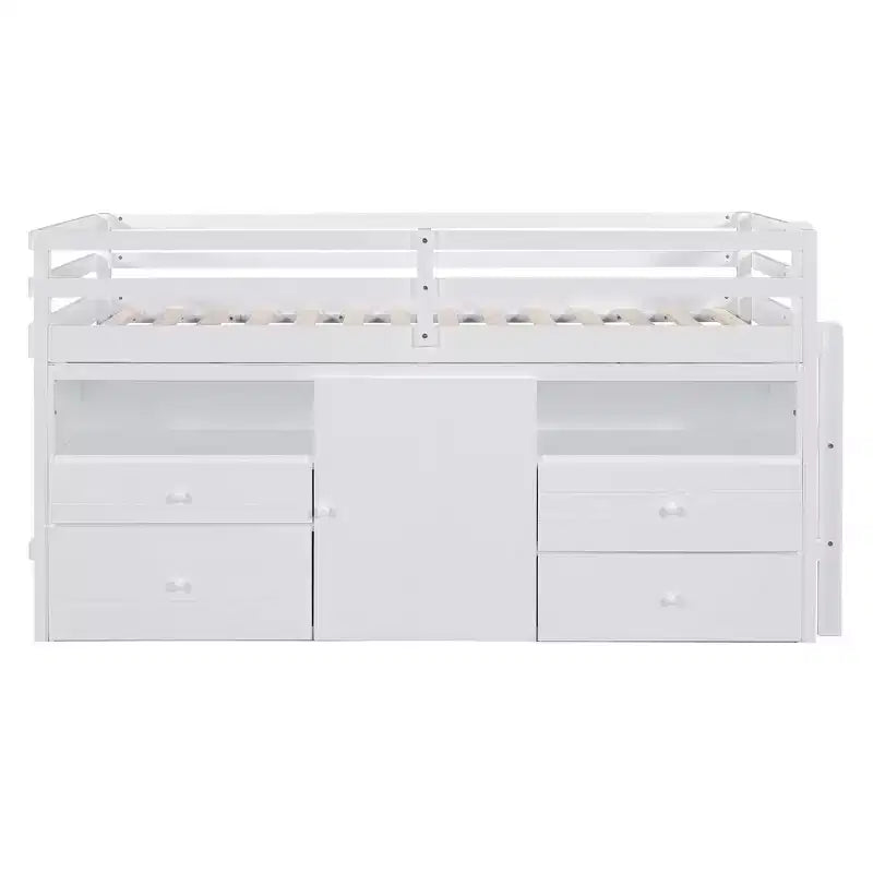 Luxystar, Letto a soppalco basso moderno singolo con 4 cassetti, armadietto e mensole per camera da letto,