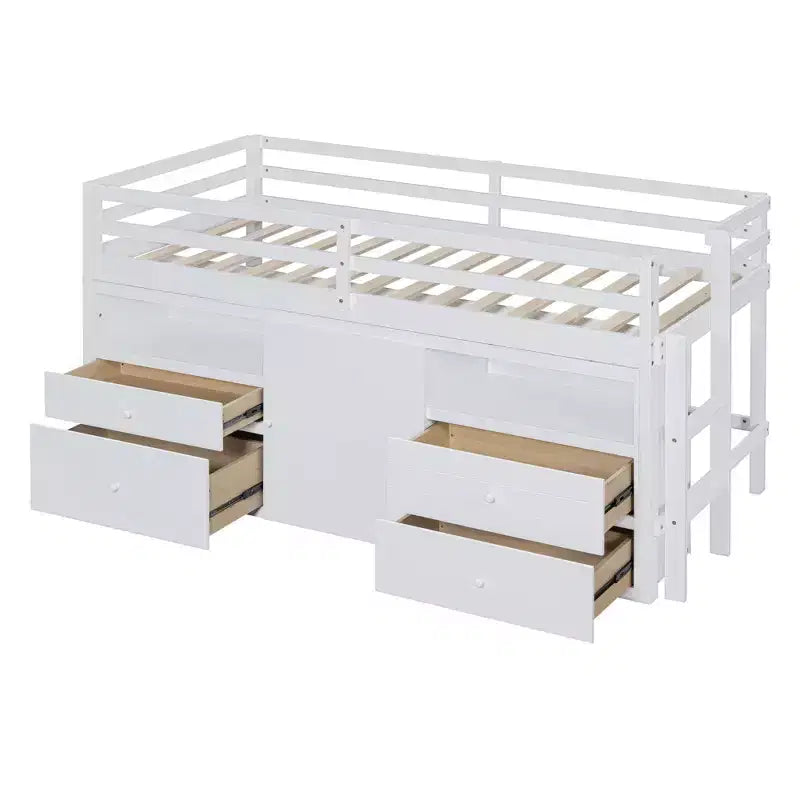 Luxystar, Letto a soppalco basso moderno singolo con 4 cassetti, armadietto e mensole per camera da letto,
