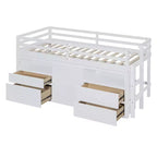 Luxystar, Letto a soppalco basso moderno singolo con 4 cassetti, armadietto e mensole per camera da letto,