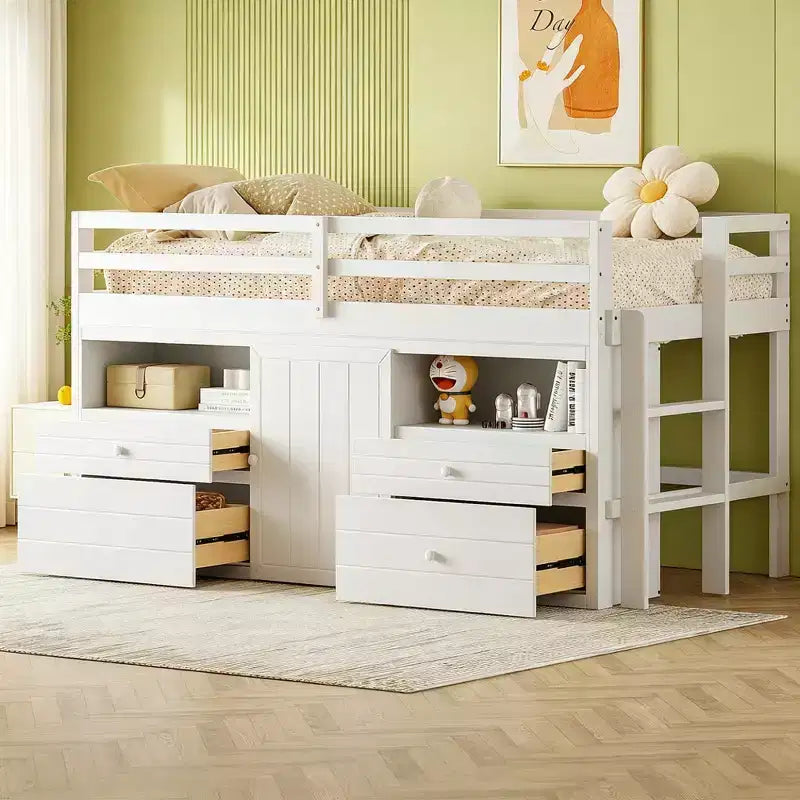 Luxystar, Letto a soppalco basso moderno singolo con 4 cassetti, armadietto e mensole per camera da letto,