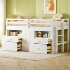 Luxystar, Letto a soppalco basso moderno singolo con 4 cassetti, armadietto e mensole per camera da letto,
