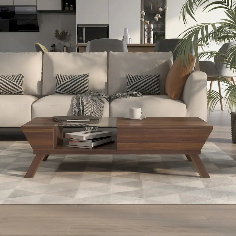 Tavolino da caffè in noce massello, stile medievale moderno, 120 cm, con ripiano in vetro, a uno strato