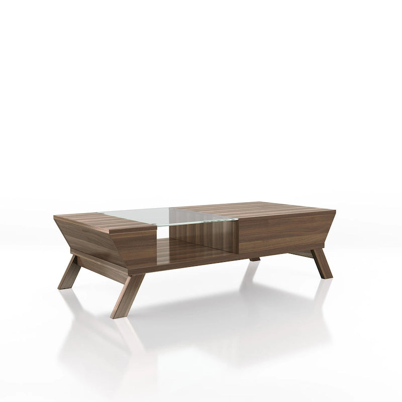 Tavolino da caffè in noce massello, stile medievale moderno, 120 cm, con ripiano in vetro, a uno strato