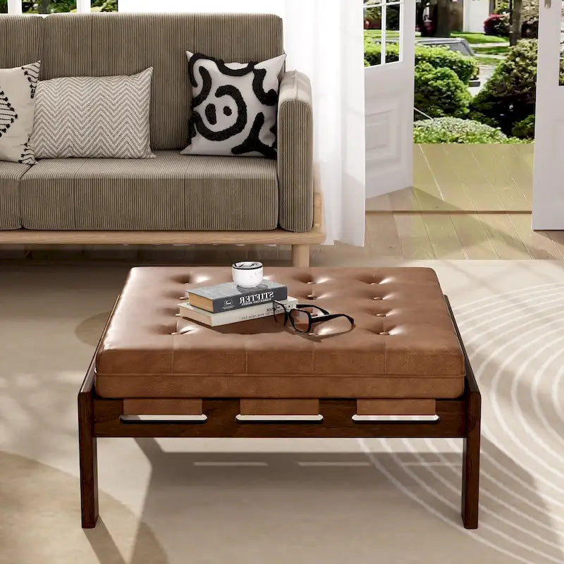 34 Pouf ottomano capitonné, tavolino ottomano quadrato in pelle con struttura in legno di gomma