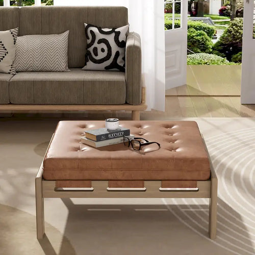 34 Pouf ottomano capitonné, tavolino ottomano quadrato in pelle con struttura in legno di gomma