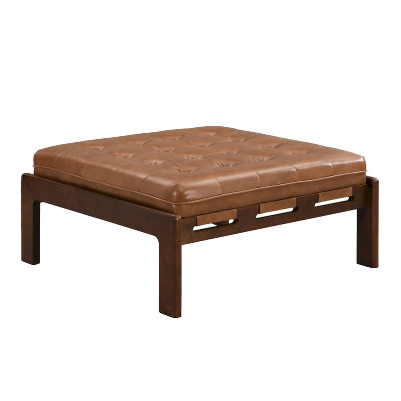 34 Pouf ottomano capitonné, tavolino ottomano quadrato in pelle con struttura in legno di gomma