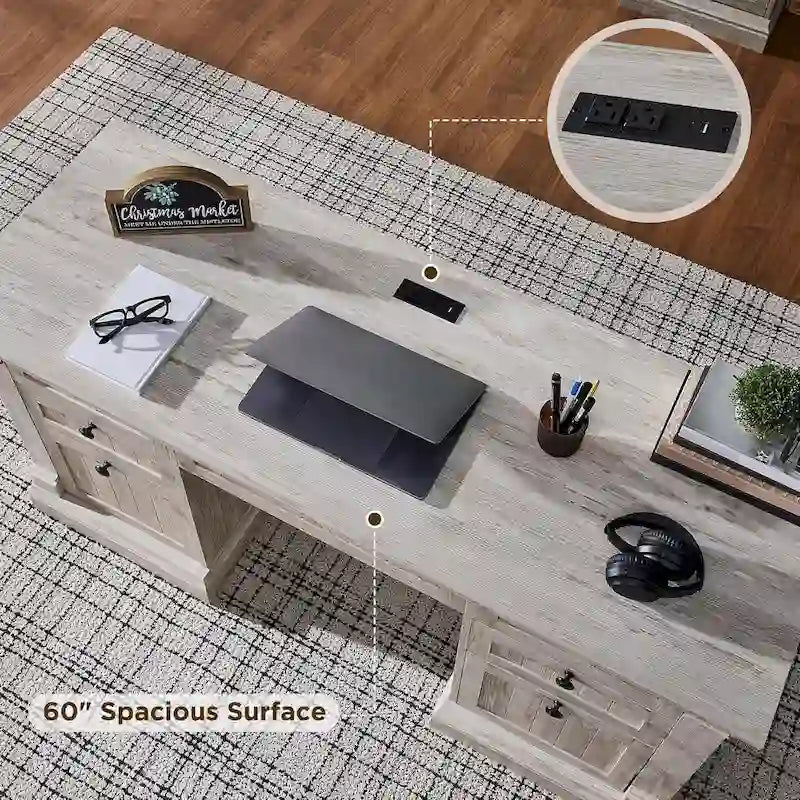 Scrivania rustica da computer, Scrivania da ufficio in legno con stazione di ricarica