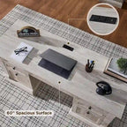 Scrivania rustica da computer, Scrivania da ufficio in legno con stazione di ricarica