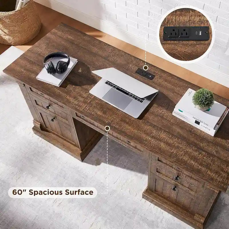 Scrivania rustica da computer, Scrivania da ufficio in legno con stazione di ricarica