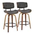 LumiSource Set of 2 Lombardi Counter Height Barstools Walnut/Black/Gray PU: Mid-Century Modern Swivel, Footrest