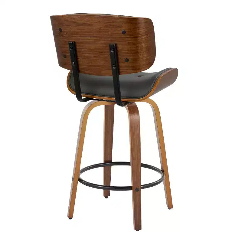 LumiSource, Set di 2 sgabelli da bar Lombardi altezza bancone, noce/nero/PU grigio: girevoli, poggiapiedi, design moderno di metà secolo