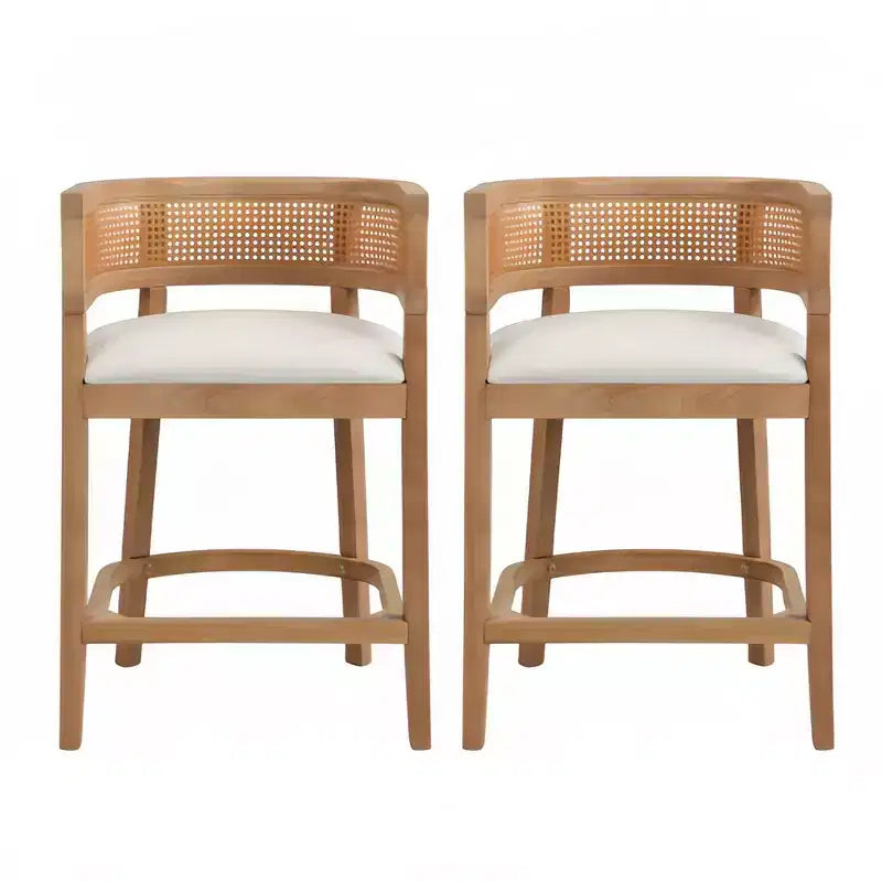 Christopher Knight Home Set of 2 Amir Contemporary Rubberwood Upholstered with Curved Rattan Back Counter Height Barstools Oak