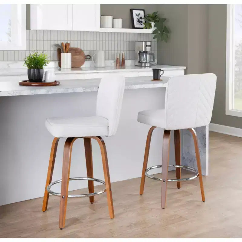 LumiSource Set di 2 Sgabelli da Bar Henry Altezza Bancone Legno di Noce/Tessuto Bianco