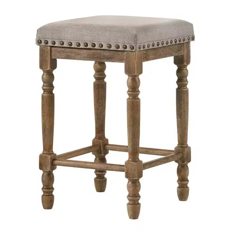 16" Farsiris Counter Height Barstool Beige Fabric/Weathered Oak Finish - Acme Furniture: Linen Upholstery, Nailhead Trim, Wood Frame