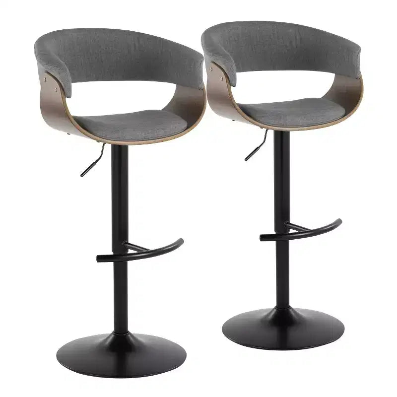 Set of 2 Vintage Modern Adjustable Barstools Black/Walnut/Light Gray - LumiSource: Swivel, Upholstered, Metal Base