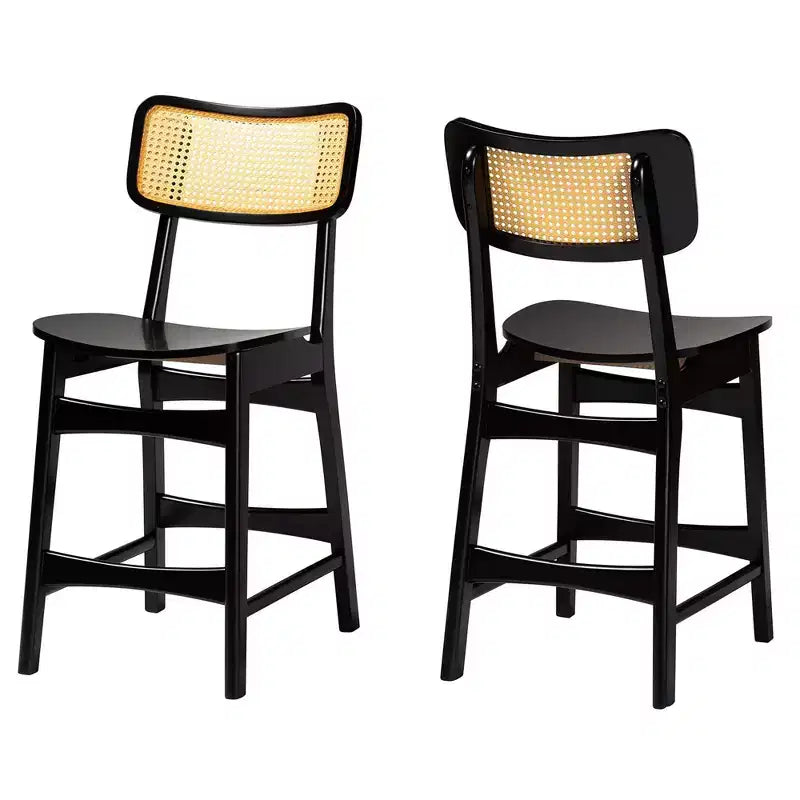 Set 2 Sgabelli da Bancone Baxton Studio Tafari in Legno e Rattan Marrone Scuro/Marrone Chiaro: Metà Secolo, Poggiapiedi Ergonomico