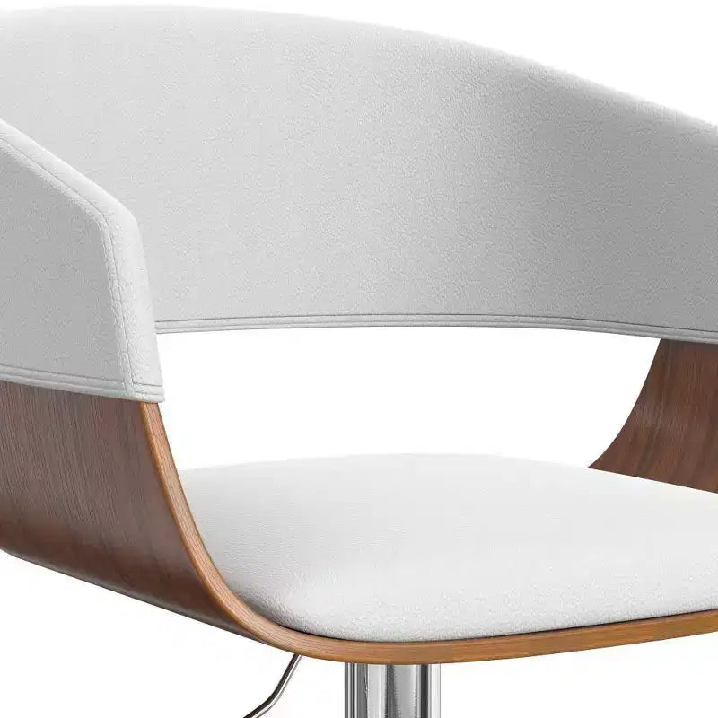 Sgabello da bar girevole regolabile Calinda Bianco: Moderno di metà secolo, Struttura in legno curvato, Rivestimento in lino - WyndenHall