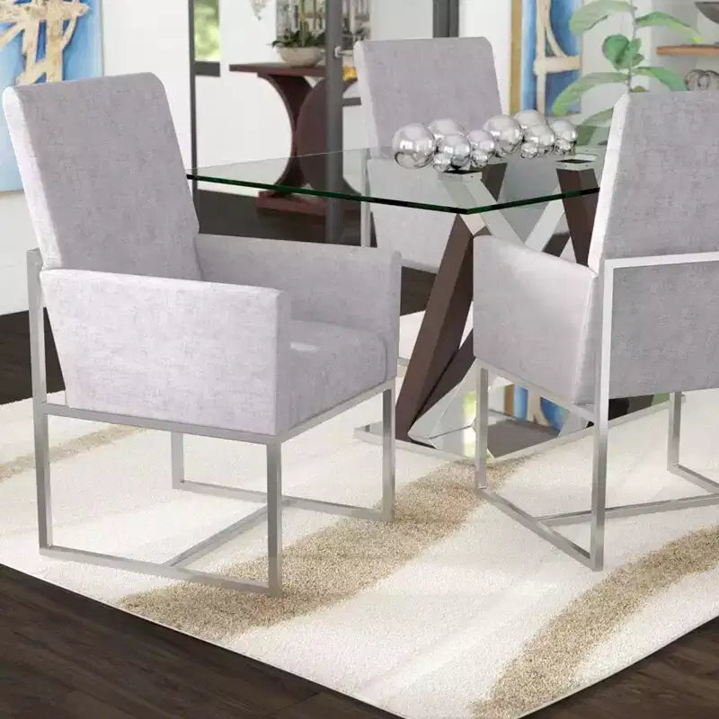 Fauteuil de salle à manger en velours Element gris : dossier haut, structure en acier inoxydable - Manhattan Comfort