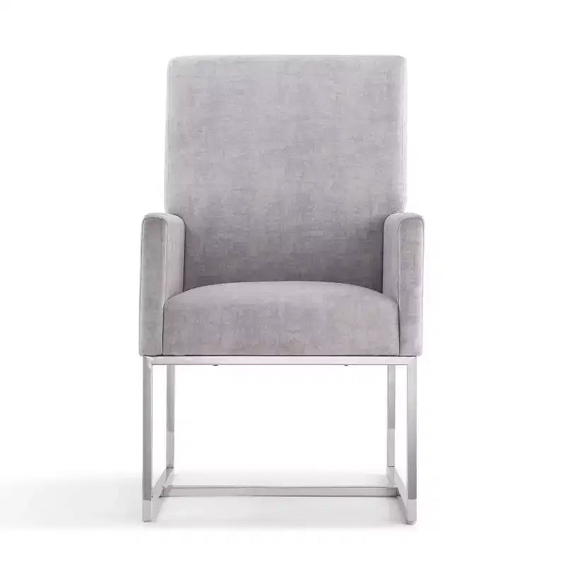 Fauteuil de salle à manger en velours Element gris : dossier haut, structure en acier inoxydable - Manhattan Comfort