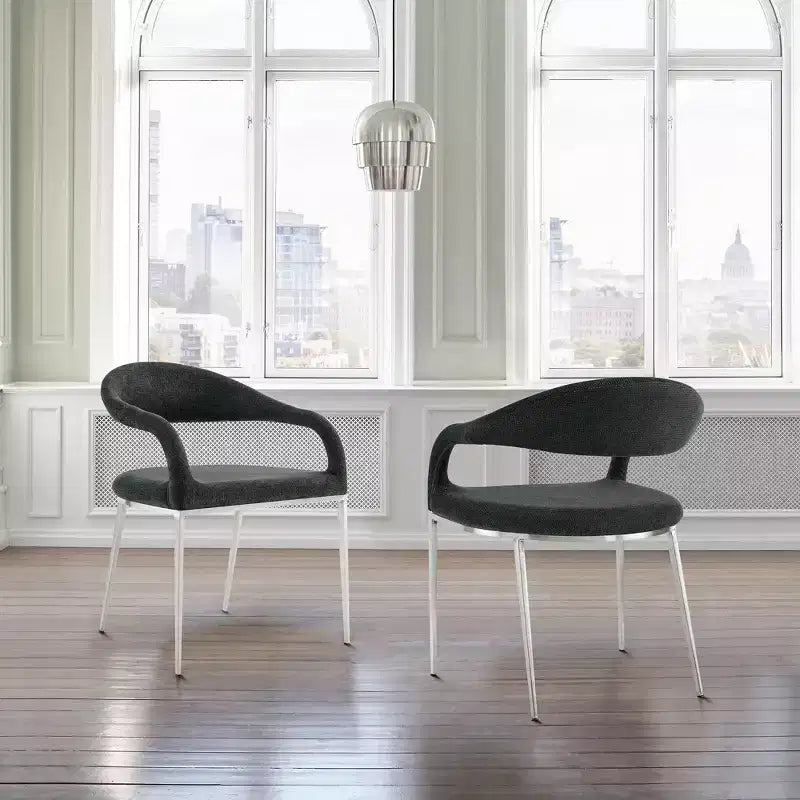 Armen Living Set of 2 Morgan Upholstered Brushed Stainless Steel and Fabric Dining Chairs Charcoal